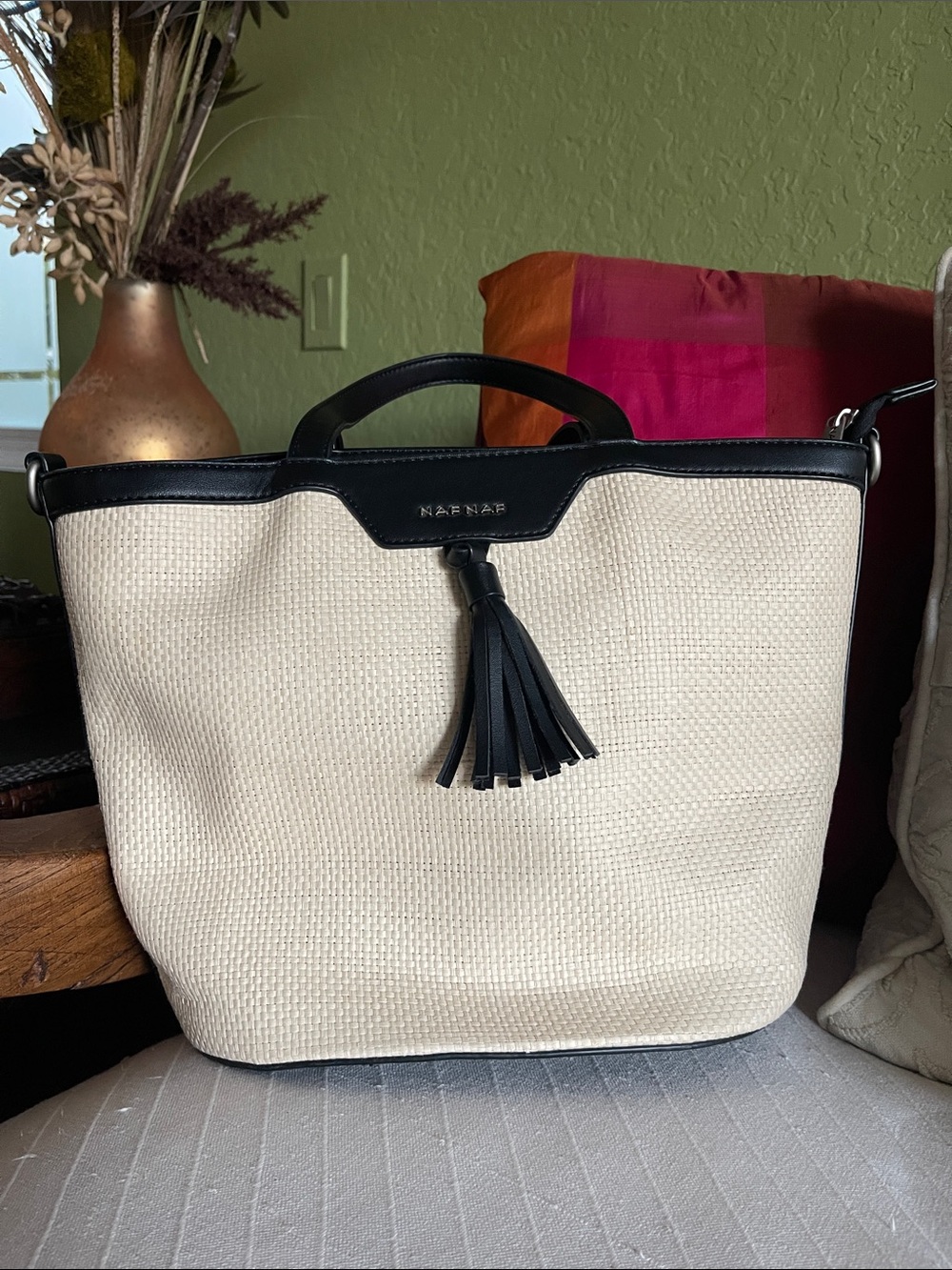 NAF NAF Cream and Black Tote with Tassel. Purchased in Paris NEW never used!